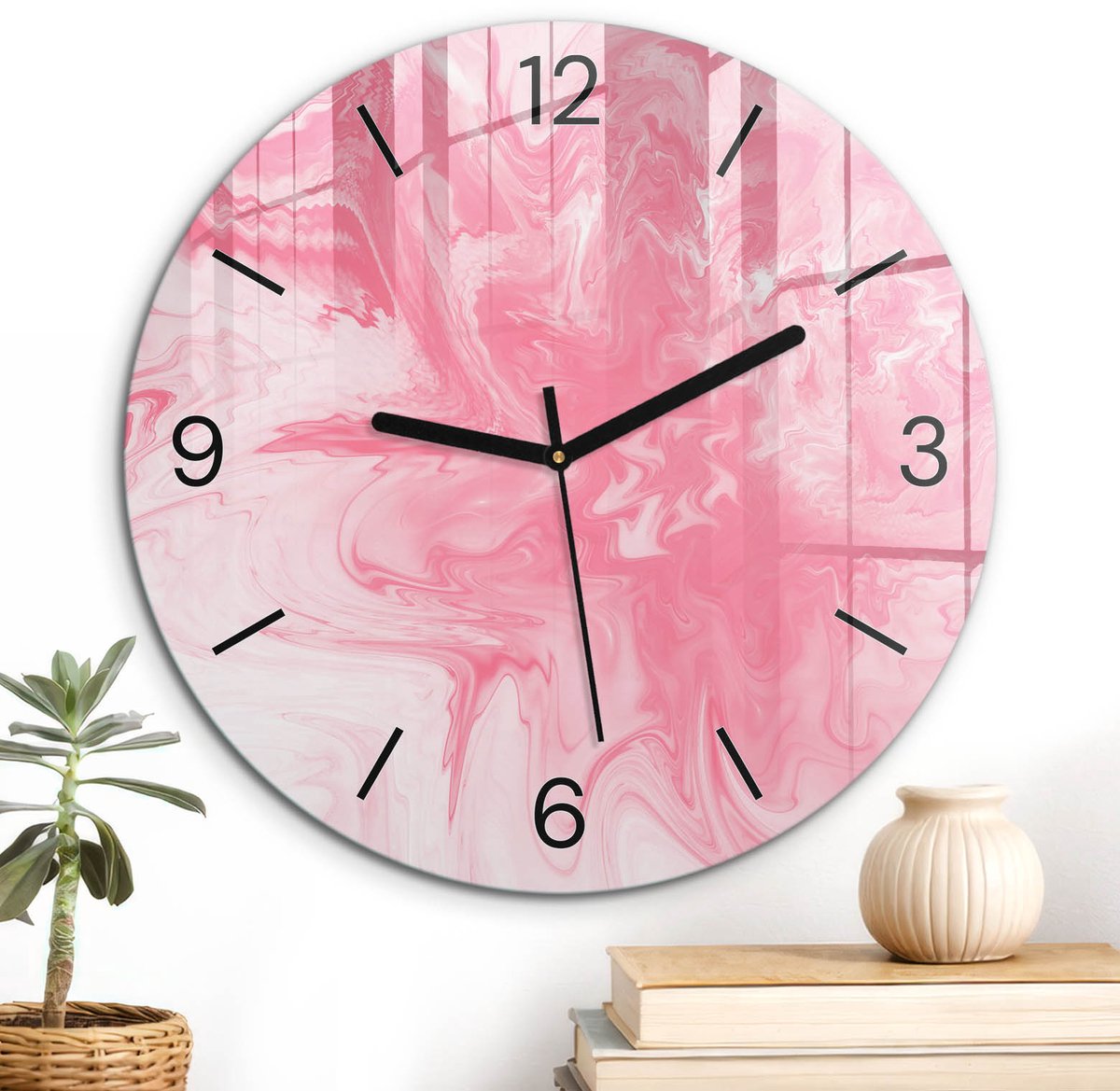 ArtPrintCave Roze Glazen Klok - Wandklok 30 cm - Muurklok Rond - Roze Chaos Wandklok Keuken - Kunst Unieke Klok - Zwarte Klokwijzers