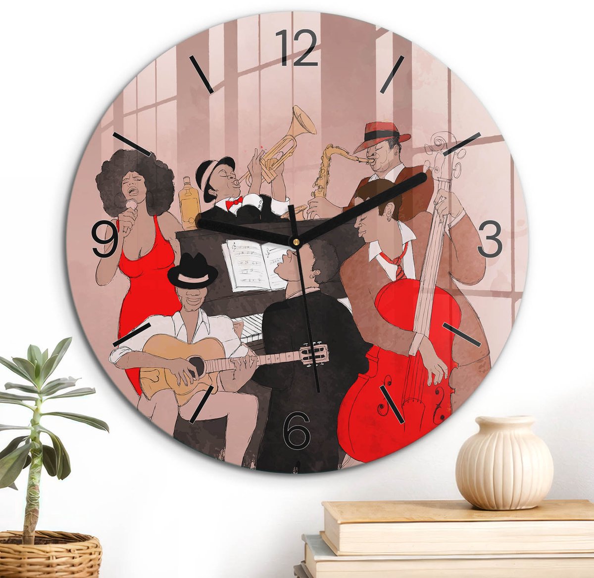 ArtPrintCave Beige Glazen Klok - Wandklok 30 cm - Muurklok Rond - Muzikale Passies Wandklok Keuken - Kunst Unieke Klok - Zwarte Klokwijzers