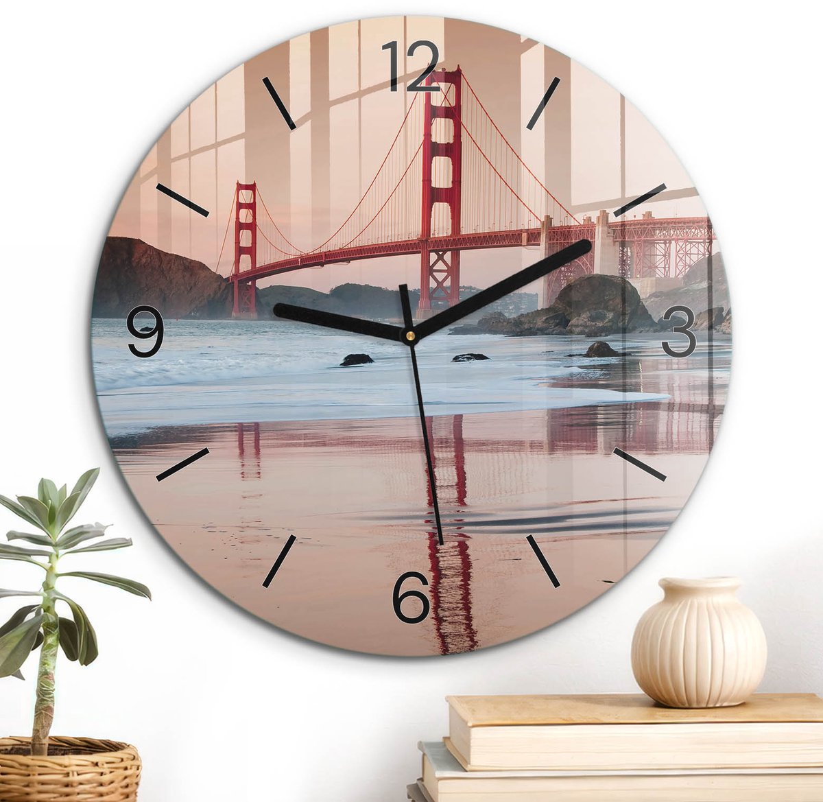 ArtPrintCave Oranje Glazen Klok - Wandklok 30 cm - Muurklok Rond - Bruglandschap Stille Wandklok - Architectuur Wandklok Keuken - Zwarte Klokwijzers