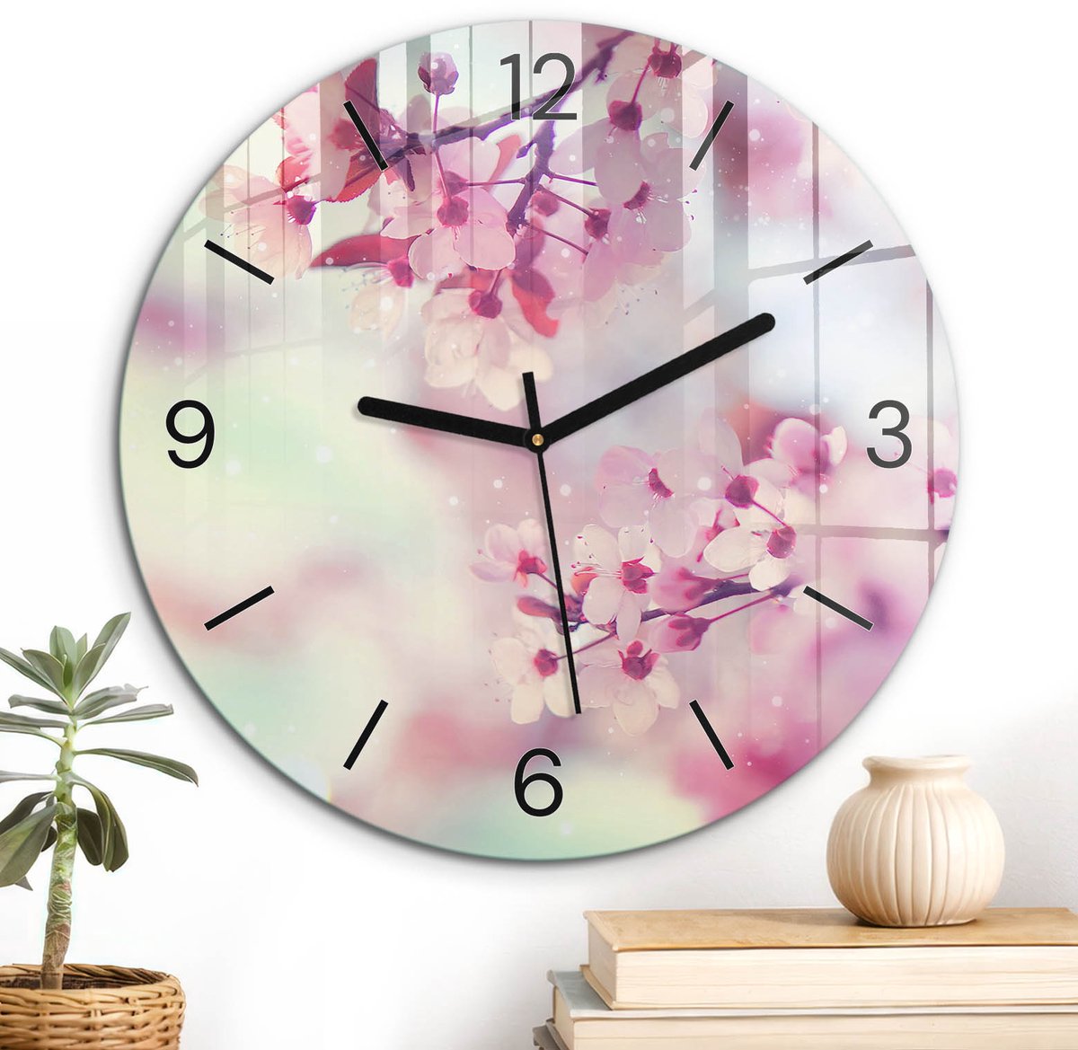 ArtPrintCave Roze Glazen Klok - Wandklok 30 cm - Muurklok Rond - Lente Harmonie Unieke Klok - Natuur Stille Wandklok - Zwarte Klokwijzers