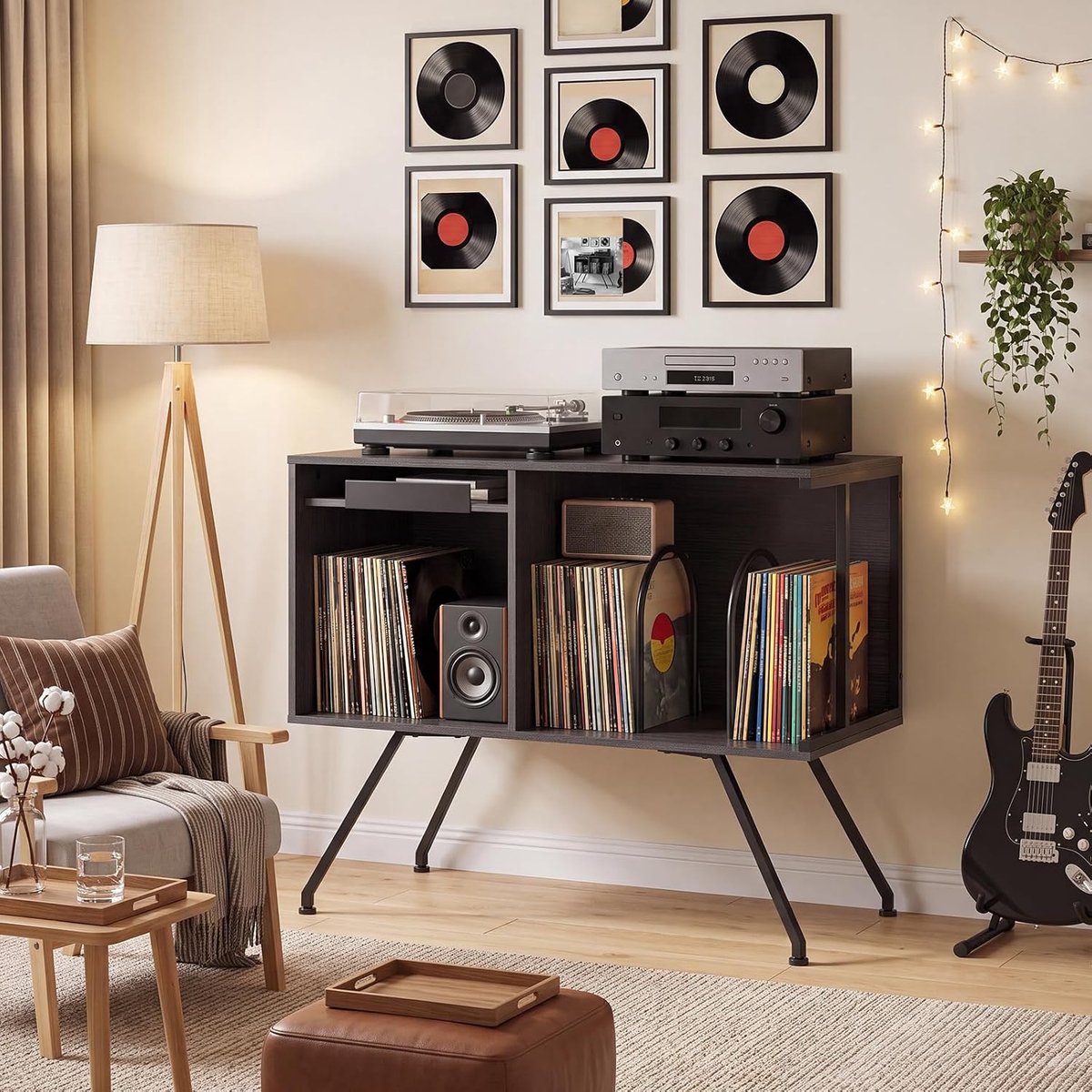 Image of Platenspeler Meubel met Klepdeksel & Opbergvak - Vinyl Meubel 160+ LP's - zwart