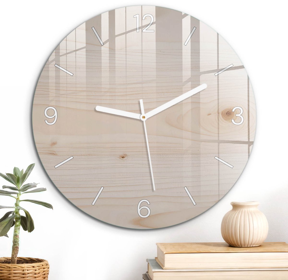 ArtPrintCave Beige Glazen Klok - Wandklok 30 cm - Muurklok Rond - Houtstructuur Unieke Klok - Achtergronden En Patronen Stille Wandklok - Witte Klokwijzers