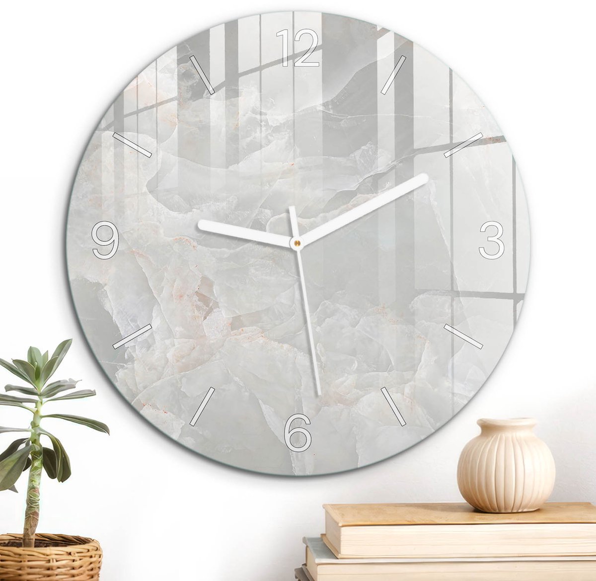 ArtPrintCave Grijs Glazen Klok - Wandklok 30 cm - Muurklok Rond - Marmeren Elegantie Unieke Klok - Achtergronden En Patronen Stille Wandklok - Witte Klokwijzers