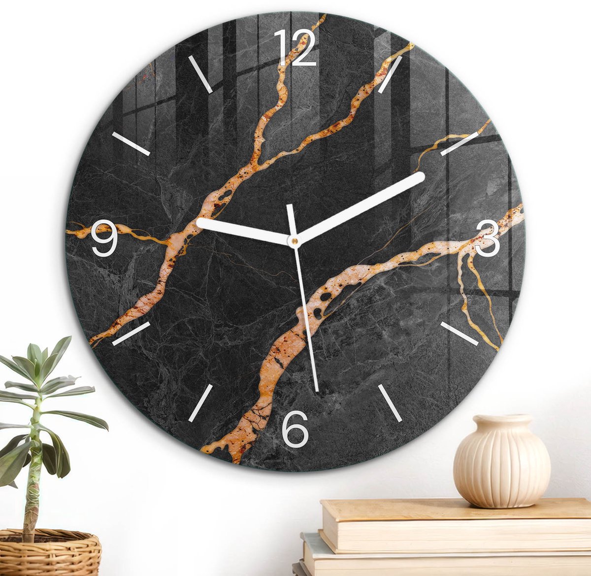 ArtPrintCave Zwart Glazen Klok - Wandklok 30 cm - Muurklok Rond - Marmerpatroon Wandklok Keuken - Abstractie Unieke Klok - Witte Klokwijzers