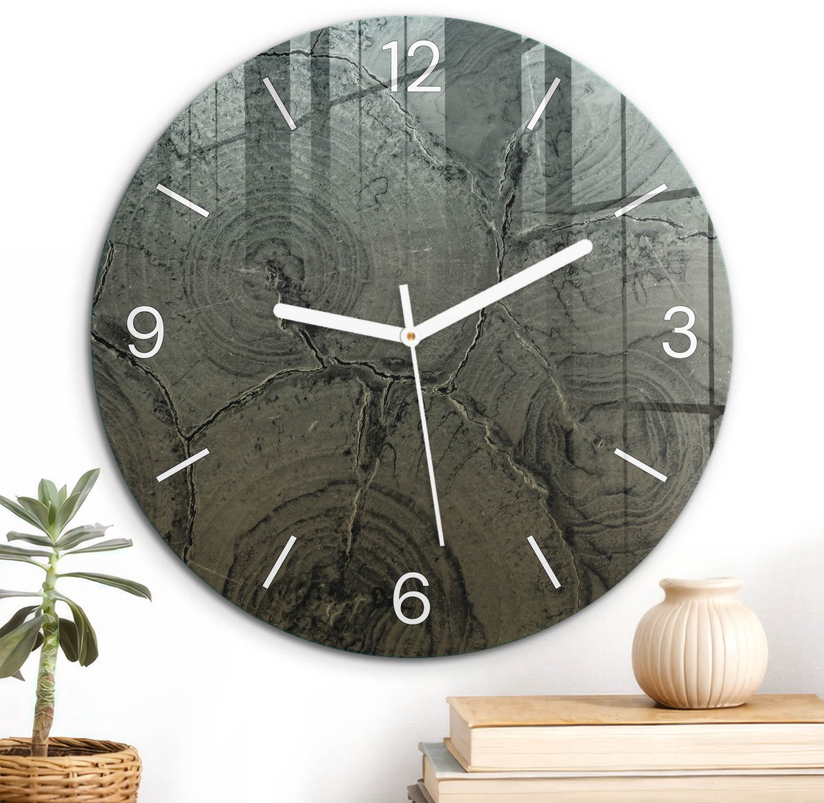 ArtPrintCave Grijs Glazen Klok - Wandklok 30 cm - Muurklok Rond - Natuurlijke Cirkels Stille Wandklok - Texturen Wandklok Keuken - Witte Klokwijzers