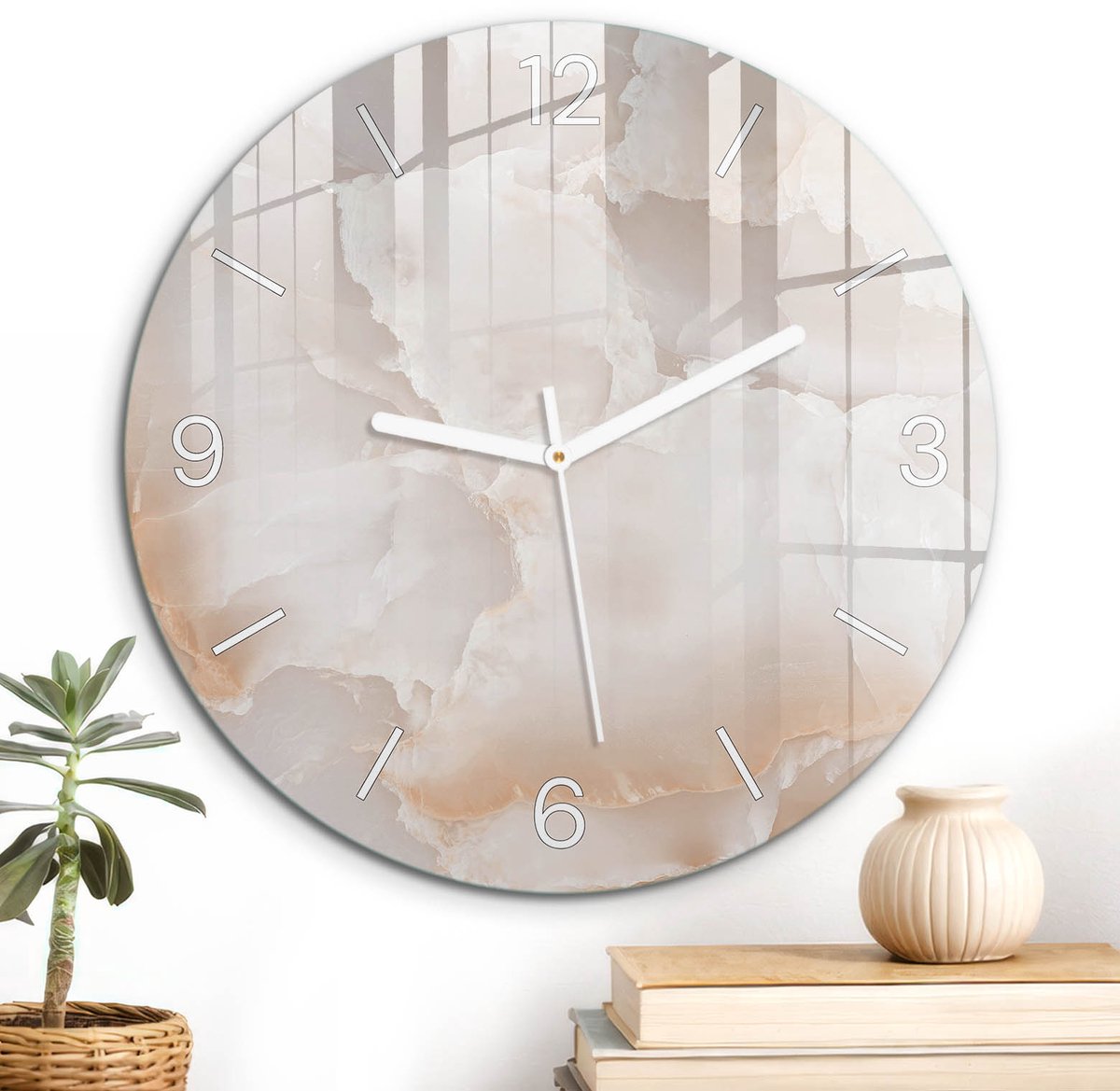 ArtPrintCave Beige Glazen Klok - Wandklok 30 cm - Muurklok Rond - Verfijnde Elegantie Stille Wandklok - Achtergronden En Patronen Wandklok Keuken - Witte Klokwijzers