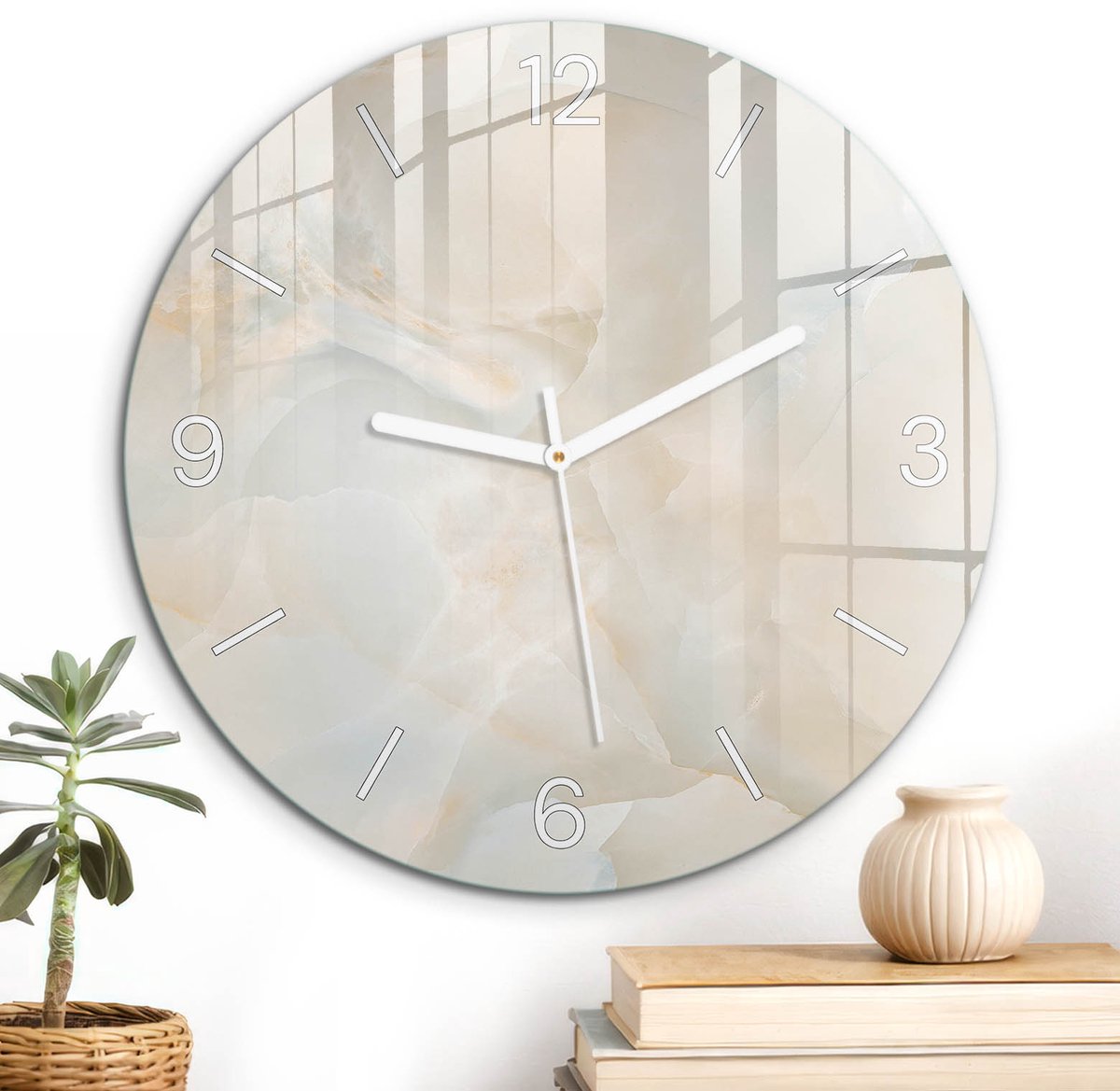 ArtPrintCave Beige Glazen Klok - Wandklok 30 cm - Muurklok Rond - Marmeren Elegantie Unieke Klok - Achtergronden En Patronen Stille Wandklok - Witte Klokwijzers