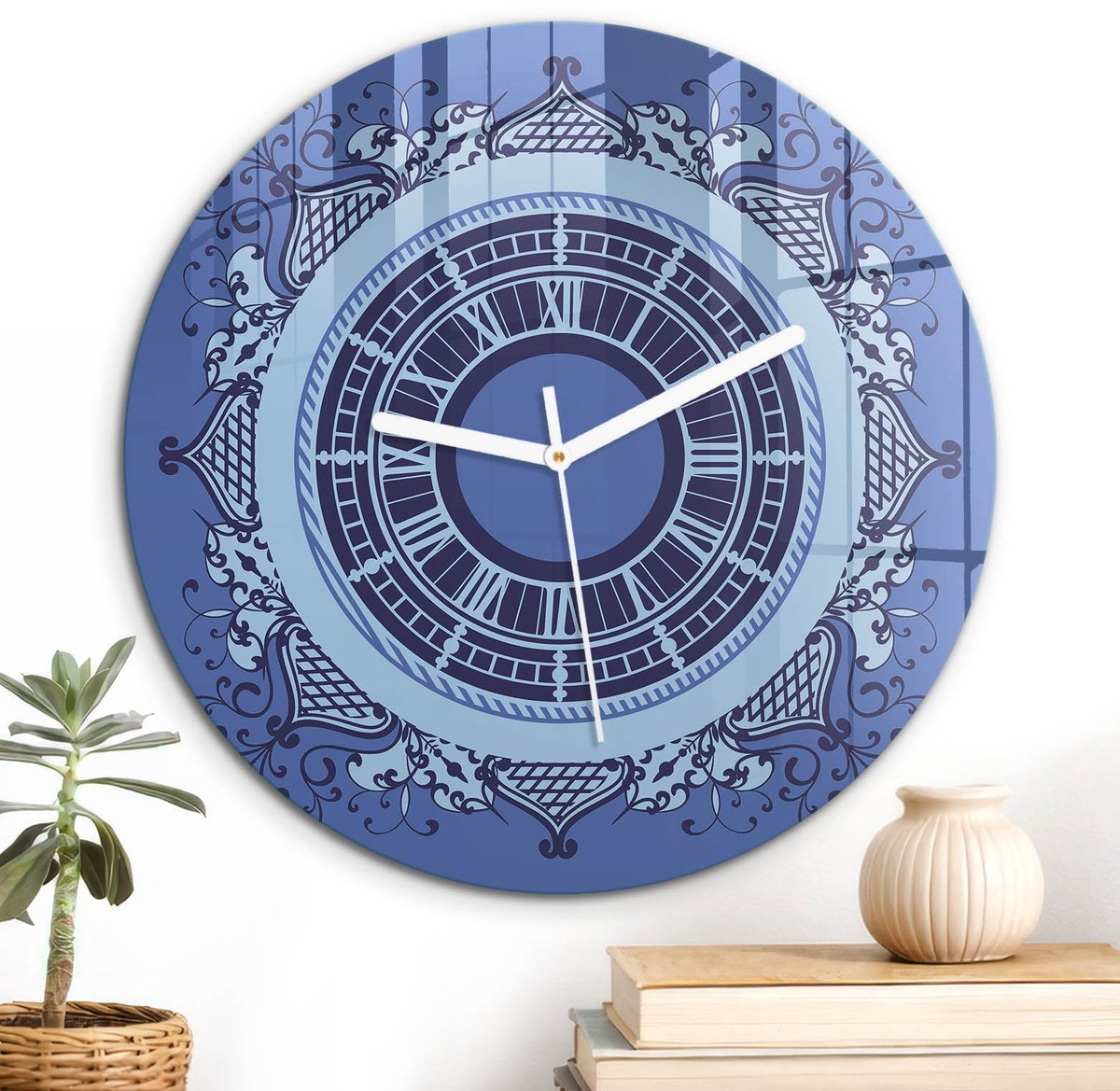 ArtPrintCave Blauw Glazen Klok - Wandklok 30 cm - Muurklok Rond - Kanten Elegantie Stille Wandklok - Achtergronden En Patronen Wandklok Keuken - Witte Klokwijzers