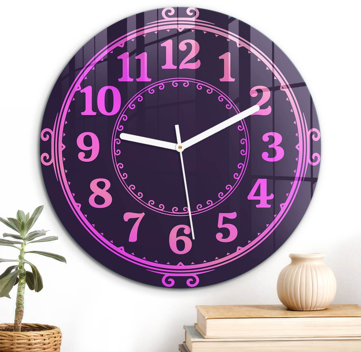 ArtPrintCave Roze Glazen Klok - Wandklok 30 cm - Muurklok Rond - Roze Klok Unieke Klok - Kunst Stille Wandklok - Witte Klokwijzers