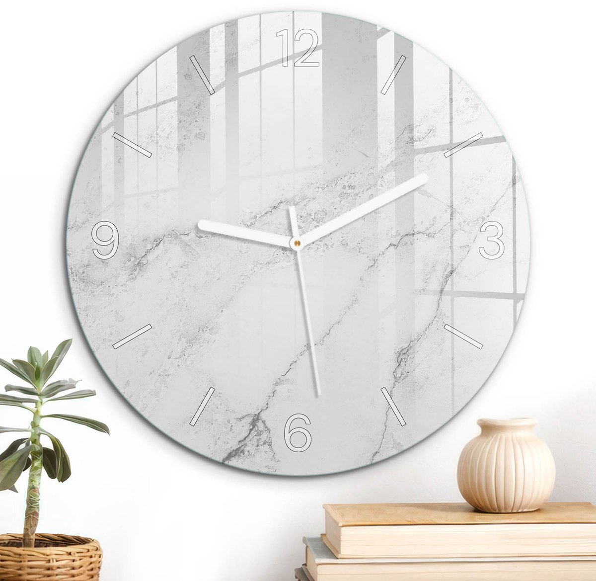 ArtPrintCave Wit Glazen Klok - Wandklok 30 cm - Muurklok Rond - Marmerpatroon Unieke Klok - Achtergronden En Patronen Stille Wandklok - Witte Klokwijzers