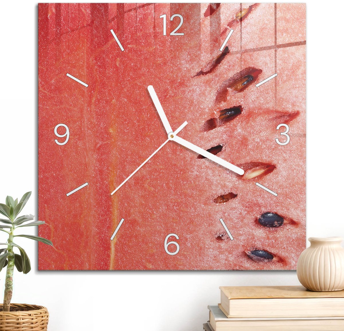 ArtPrintCave Rood Glazen Klok - 30x30 cm - Wandklok Vierkant - Watermeloen Verrukking Wandklok Keuken - Abstractie Unieke Klok - Witte Klokwijzers
