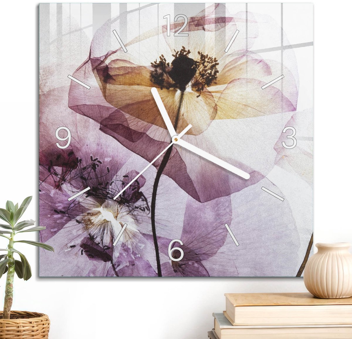 ArtPrintCave Roze Glazen Klok - 30x30 cm - Wandklok Vierkant - Etherische Bloemen Stille Wandklok - Kunst Wandklok Keuken - Witte Klokwijzers