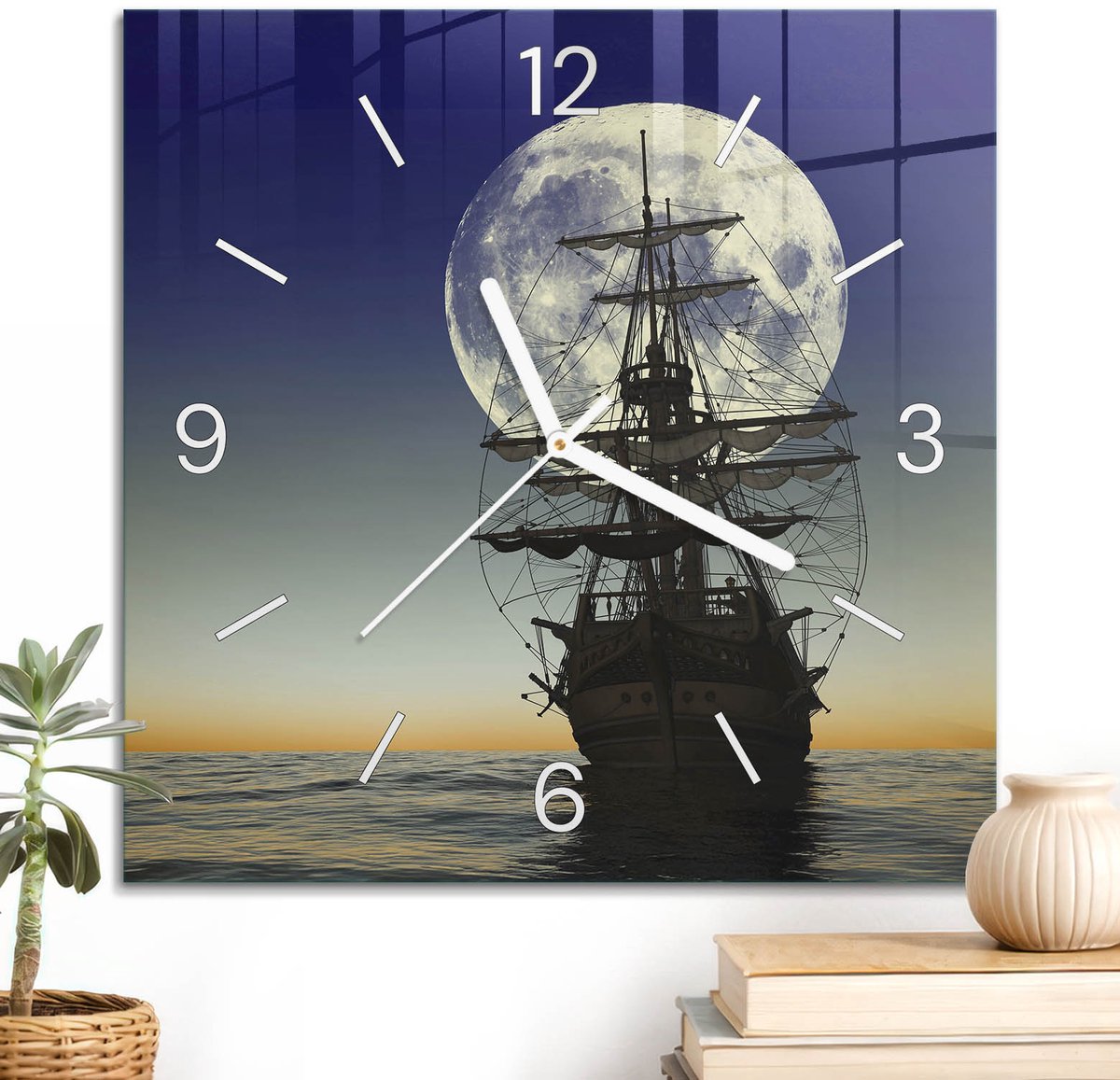 ArtPrintCave Blauw Glazen Klok - 30x30 cm - Wandklok Vierkant - Zeeavontuur Stille Wandklok - Landschappen Wandklok Keuken - Witte Klokwijzers