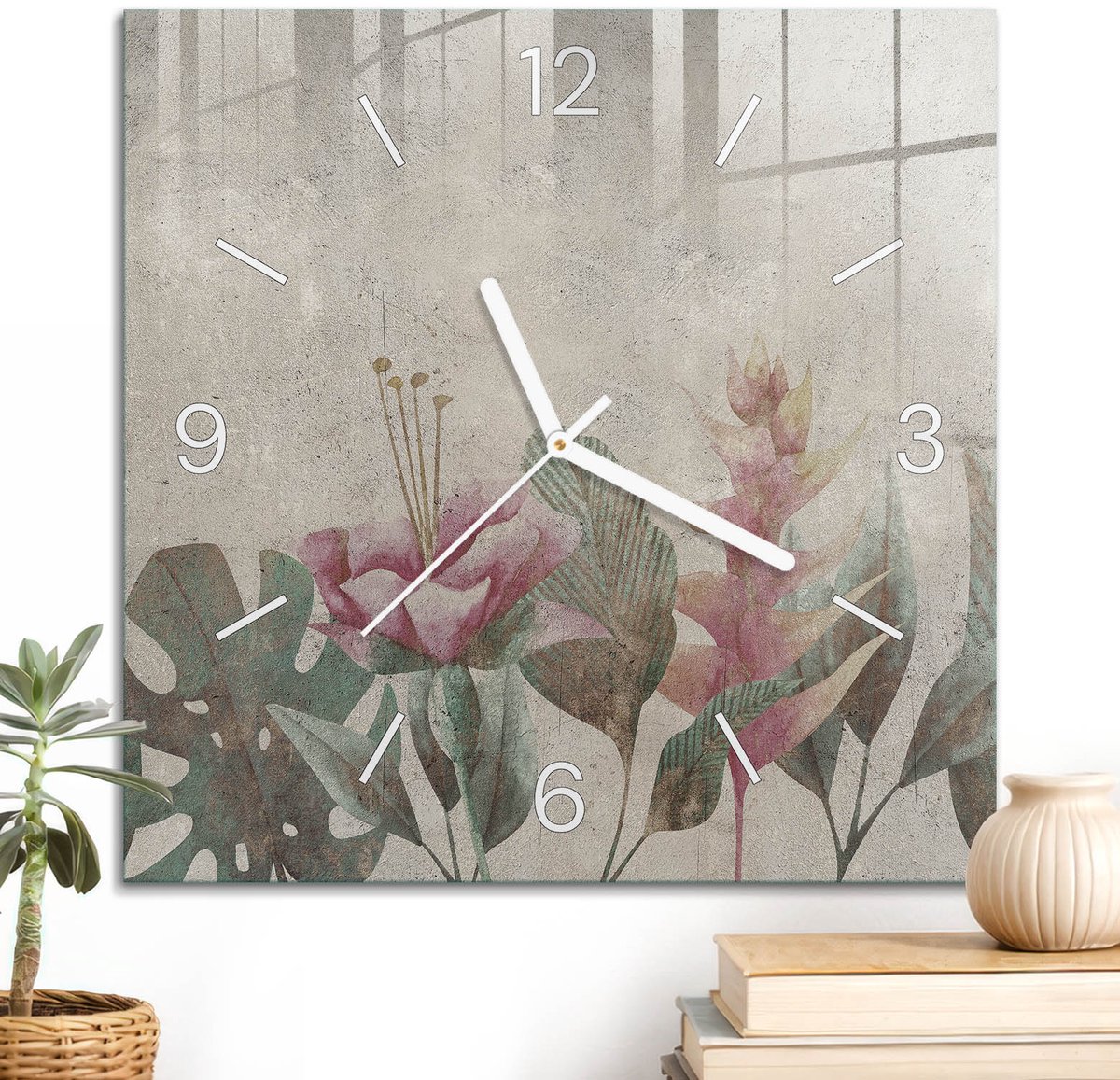 ArtPrintCave Beige Glazen Klok - 30x30 cm - Wandklok Vierkant - Natuurlijke Elegantie Wandklok Keuken - Natuur Unieke Klok - Witte Klokwijzers