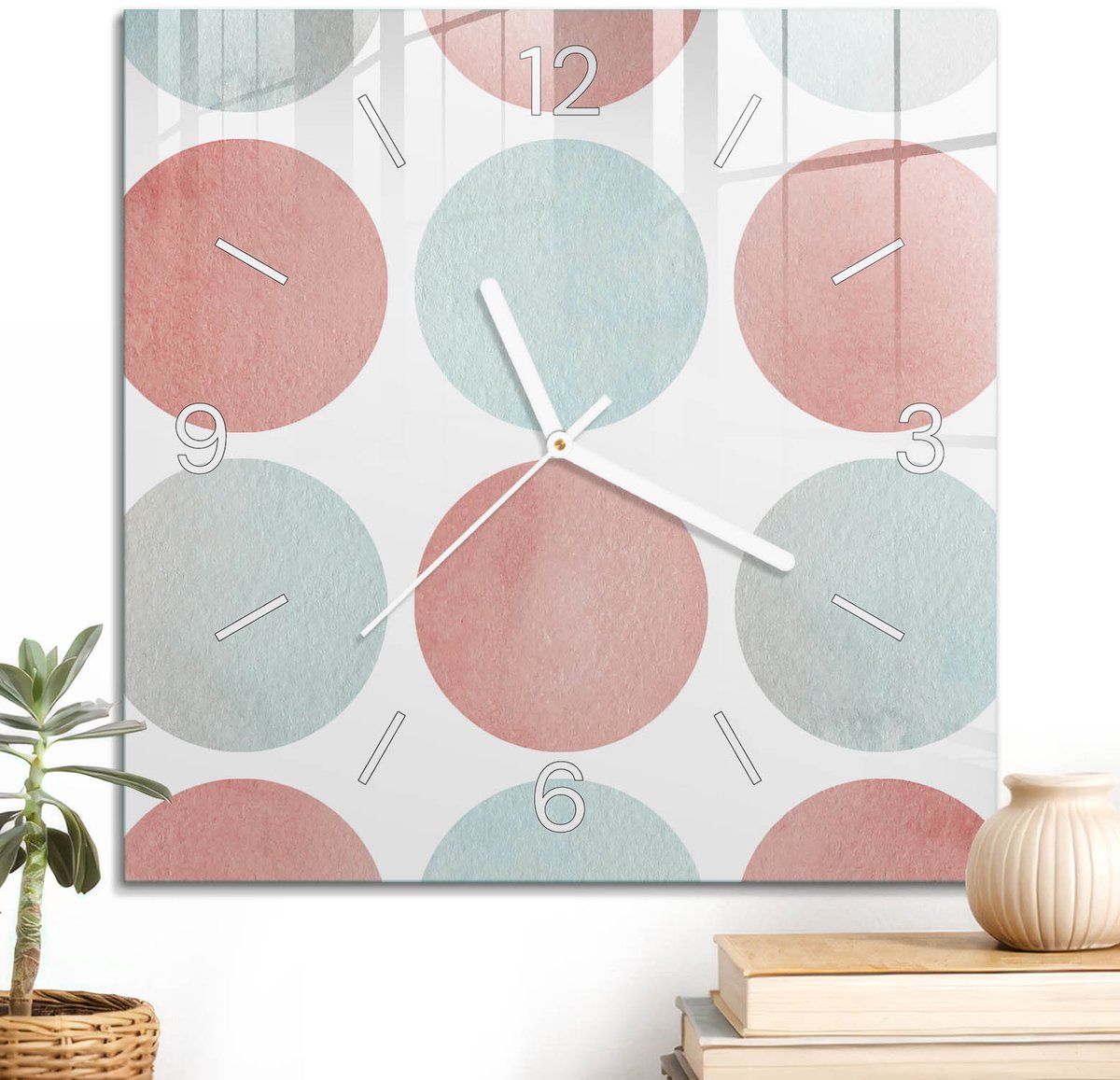 ArtPrintCave Roze Glazen Klok - 30x30 cm - Wandklok Vierkant - Pastelkleurige Cirkels Stille Wandklok - Abstractie Wandklok Keuken - Witte Klokwijzers