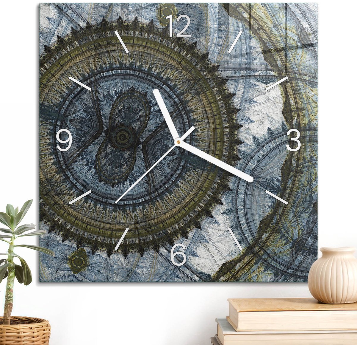 ArtPrintCave Blauw Glazen Klok - 30x30 cm - Wandklok Vierkant - Mysterieuze Cirkels Stille Wandklok - Geometrie Wandklok Keuken - Witte Klokwijzers