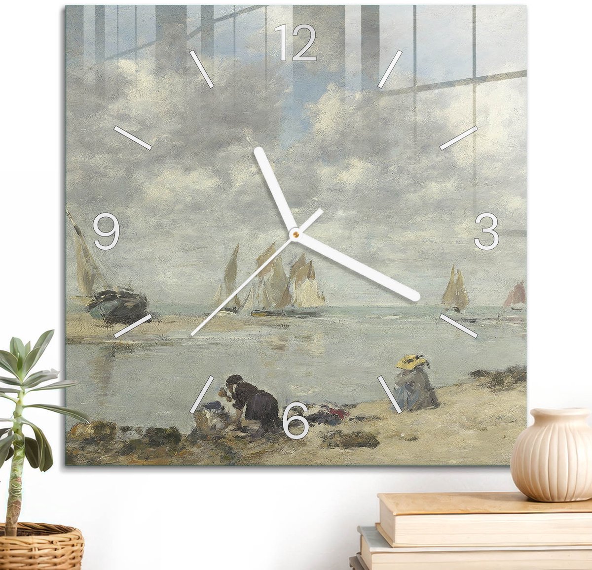 ArtPrintCave Blauw Glazen Klok - 30x30 cm - Wandklok Vierkant - Kustlandschap Stille Wandklok - Natuur Wandklok Keuken - Witte Klokwijzers