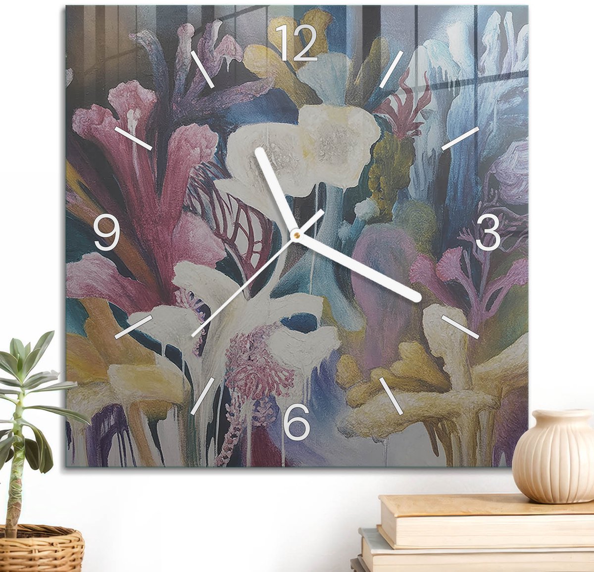 ArtPrintCave Turkoois Glazen Klok - 30x30 cm - Wandklok Vierkant - Kleurrijke Flora Wandklok Keuken - Bloemen En Planten Unieke Klok - Witte Klokwijzers
