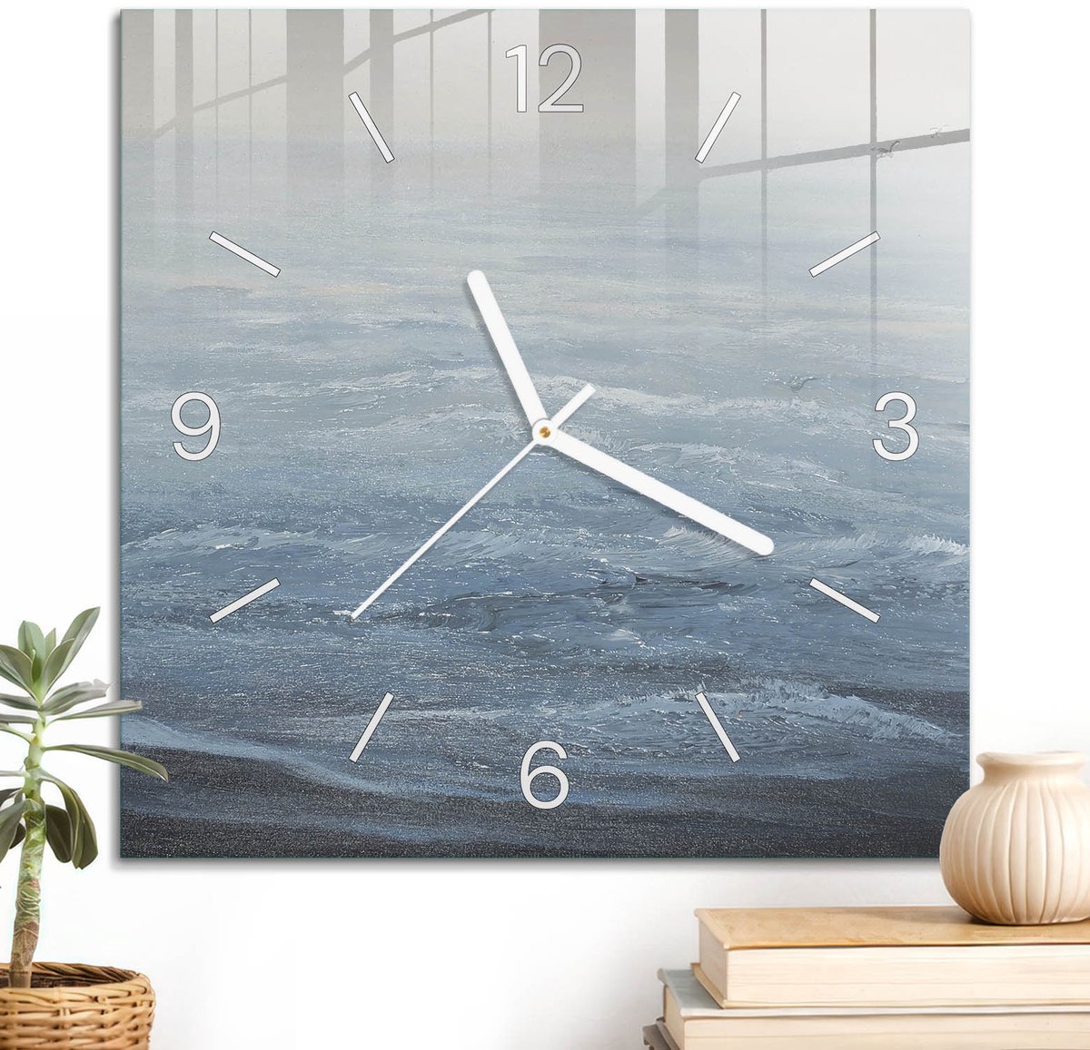 ArtPrintCave Blauw Glazen Klok - 30x30 cm - Wandklok Vierkant - Kalme Oceaan Stille Wandklok - Natuur Wandklok Keuken - Witte Klokwijzers