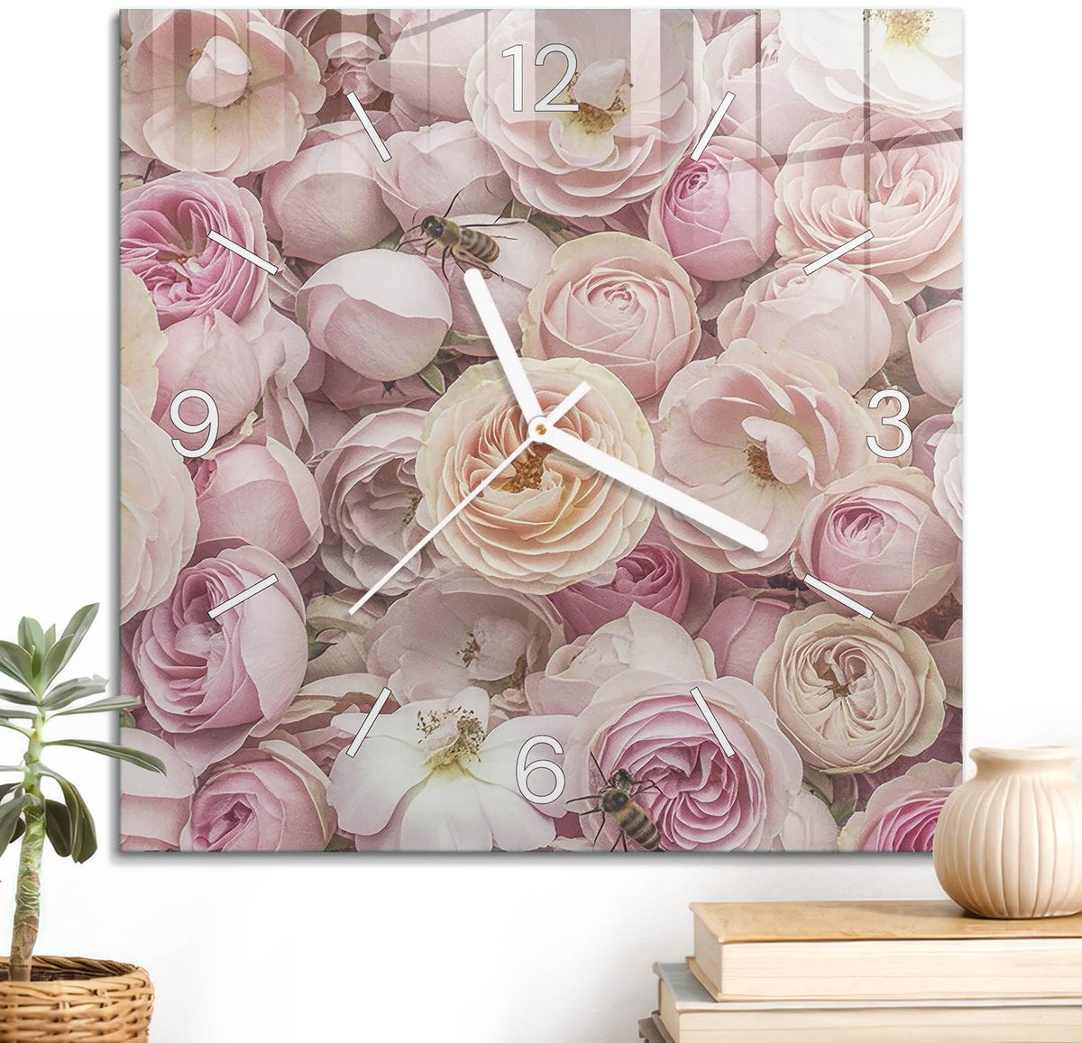 ArtPrintCave Roze Glazen Klok - 30x30 cm - Wandklok Vierkant - Bloemenmotief Stille Wandklok - Natuur Wandklok Keuken - Witte Klokwijzers