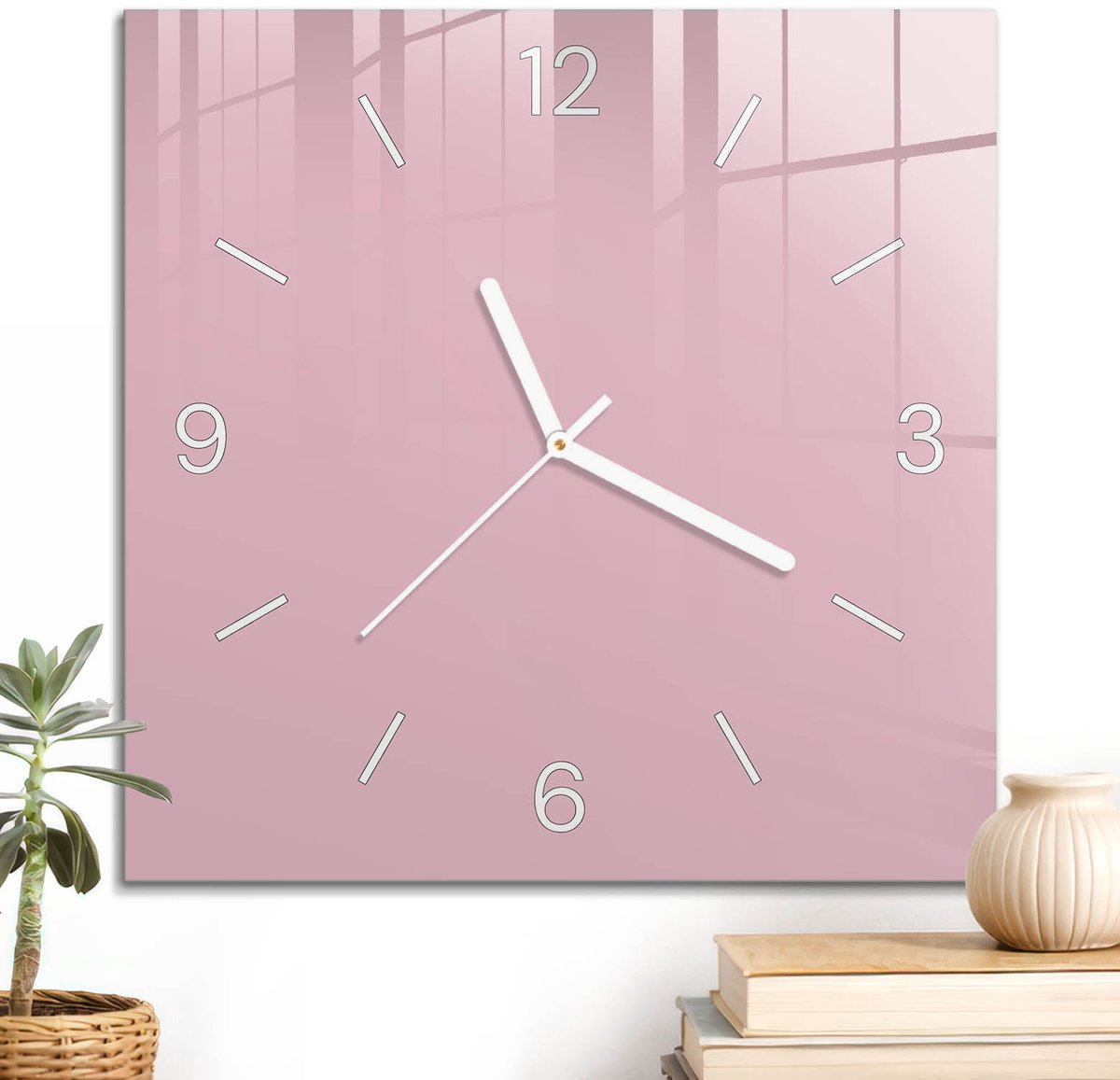 ArtPrintCave Roze Glazen Klok - 30x30 cm - Wandklok Vierkant - Lichtroze Wandklok Keuken - Abstractie Unieke Klok - Witte Klokwijzers