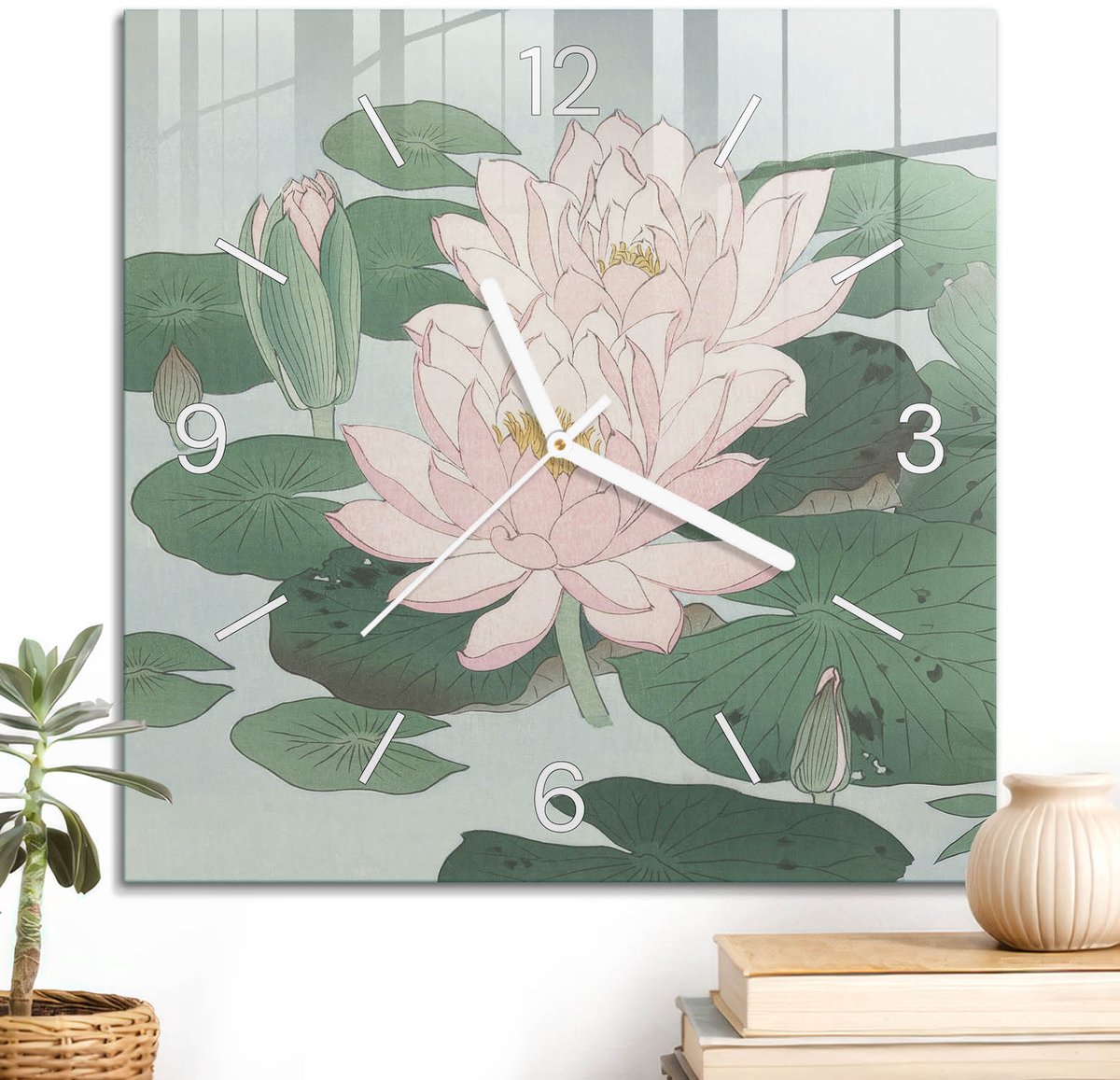 ArtPrintCave Groene Glazen Klok - 30x30 cm - Wandklok Vierkant - Waterbloemen Stille Wandklok - Natuur Wandklok Keuken - Witte Klokwijzers