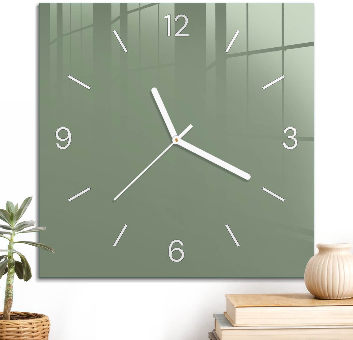 ArtPrintCave Groene Glazen Klok - 30x30 cm - Wandklok Vierkant - Gedempt Groen Unieke Klok - Abstractie Stille Wandklok - Witte Klokwijzers