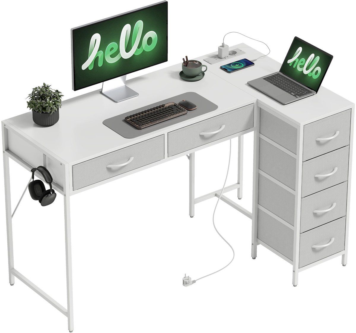 Wit hoekbureau met lades - Ingebouwde stopcontacten en haken - Ideaal voor werken en gamen - Omkeerbaar hoekbureau 126x48 cm - Wit