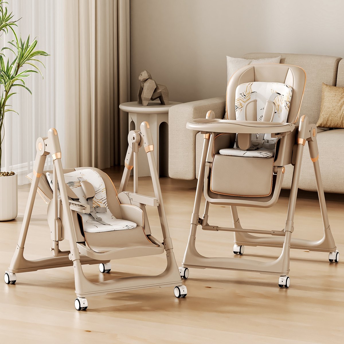 4-in-1 Baby-Kinderstoel op Wieltjes-Verstelbare rugleuning en blad-Van 6 tot 36 maanden tot 25 kg-Bruin