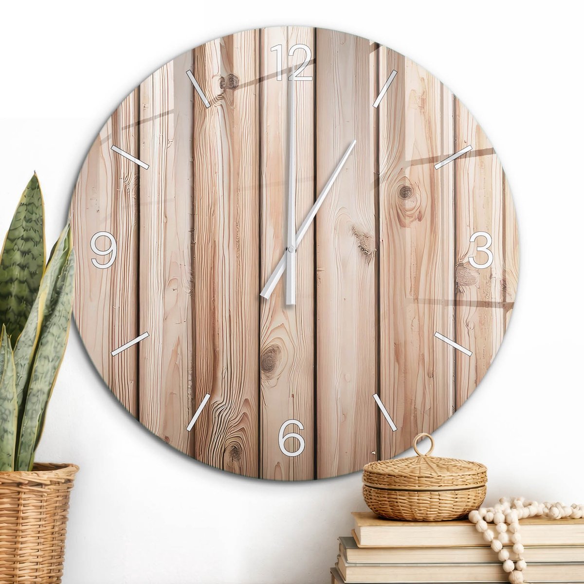 ArtPrintCave Bruin Glazen Klok - Wandklok 60 cm - Muurklok Rond - Houten Planken Unieke Klok - Achtergronden En Patronen Stille Wandklok - Witte Klokwijzers