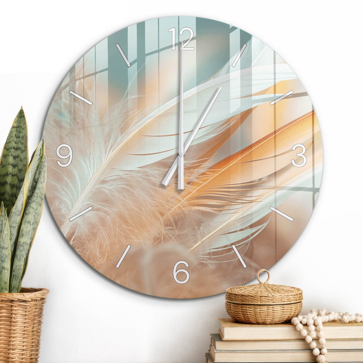 ArtPrintCave Beige Glazen Klok - Wandklok 60 cm - Muurklok Rond - Beige Veren Unieke Klok - Achtergronden En Patronen Stille Wandklok - Witte Klokwijzers