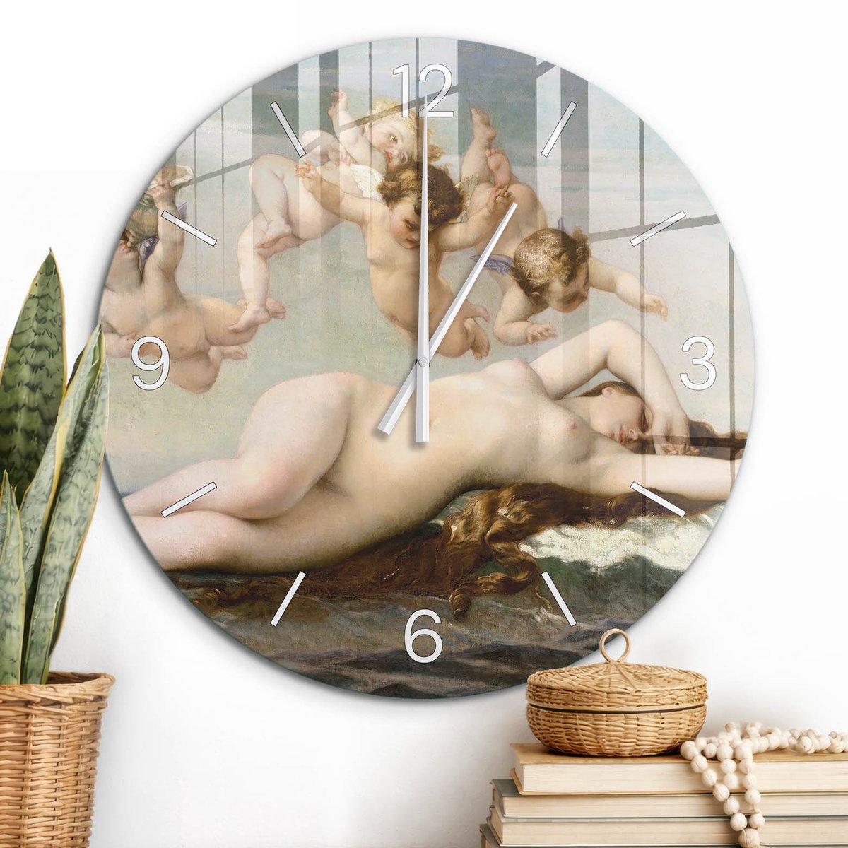 ArtPrintCave Beige Glazen Klok - Wandklok 60 cm - Muurklok Rond - Mythologische Scène Unieke Klok - Mensen Stille Wandklok - Witte Klokwijzers