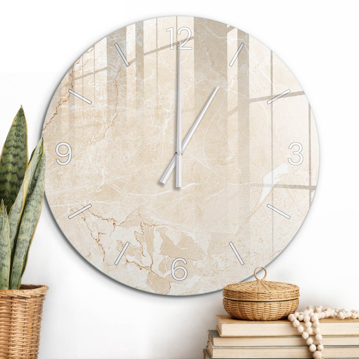 ArtPrintCave Beige Glazen Klok - Wandklok 60 cm - Muurklok Rond - Steenstructuur Stille Wandklok - Achtergronden En Patronen Wandklok Keuken - Witte Klokwijzers