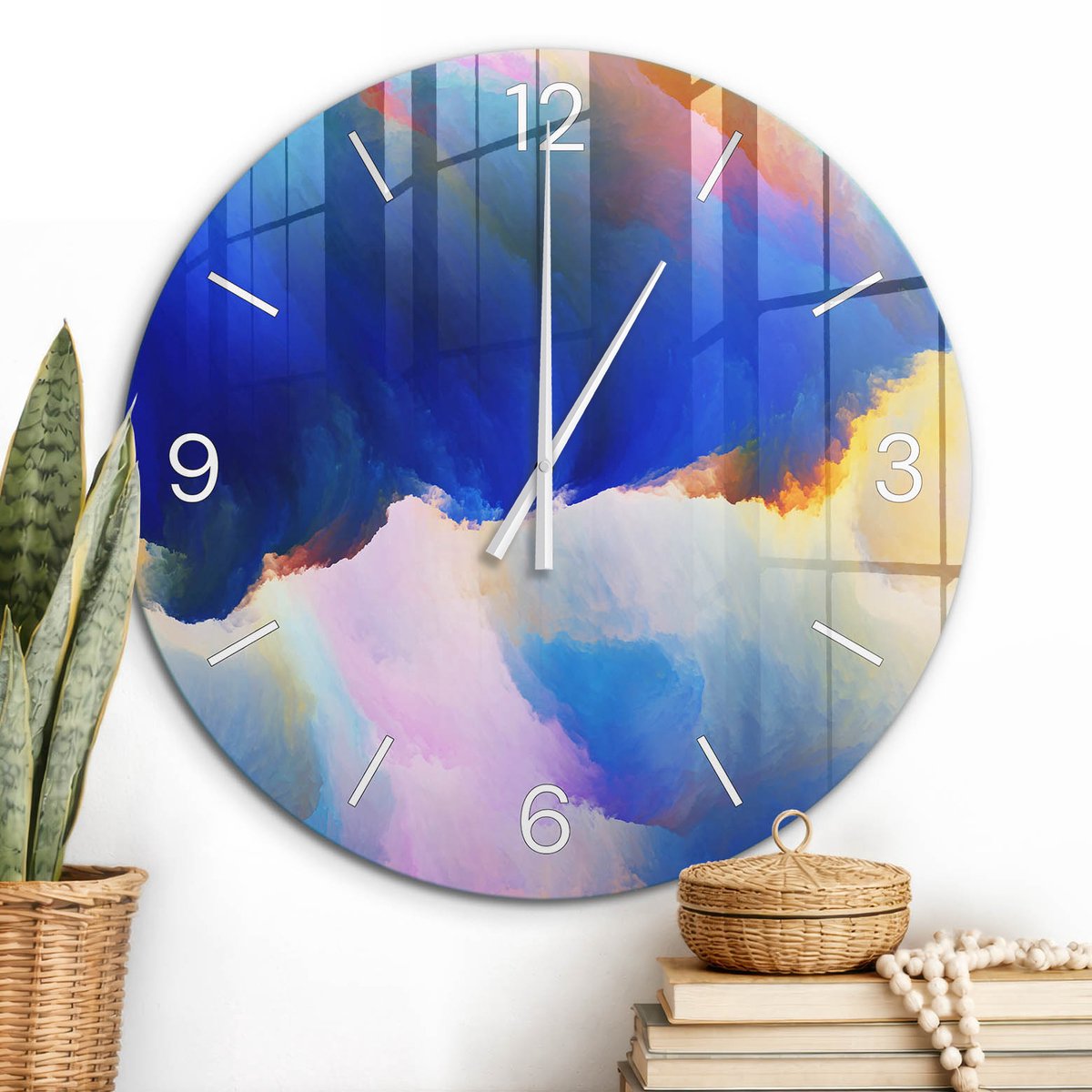 ArtPrintCave Blauw Glazen Klok - Wandklok 60 cm - Muurklok Rond - Dynamische Abstractie Stille Wandklok - Kunst Wandklok Keuken - Witte Klokwijzers