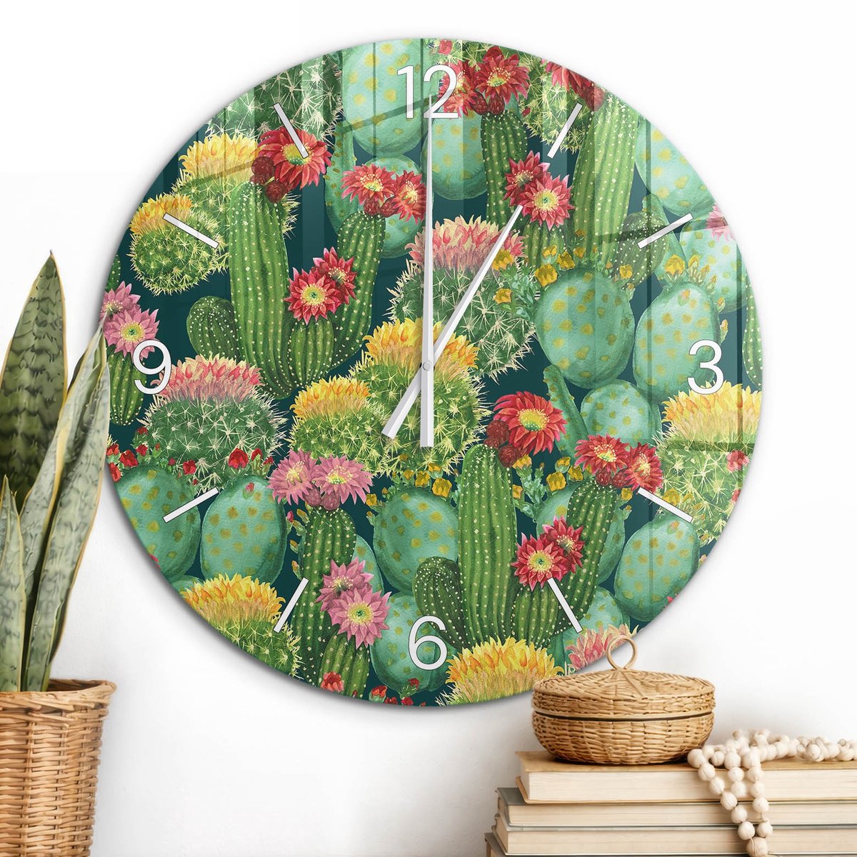 ArtPrintCave Groene Glazen Klok - Wandklok 60 cm - Muurklok Rond - Cactusbloemen Unieke Klok - Bloemen En Planten Stille Wandklok - Witte Klokwijzers