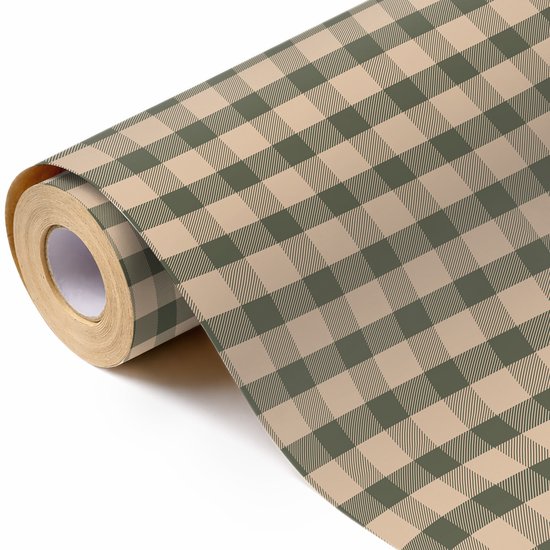 Een rol groen en beige geruit inpakpapier met een open rol aan de zijkant.