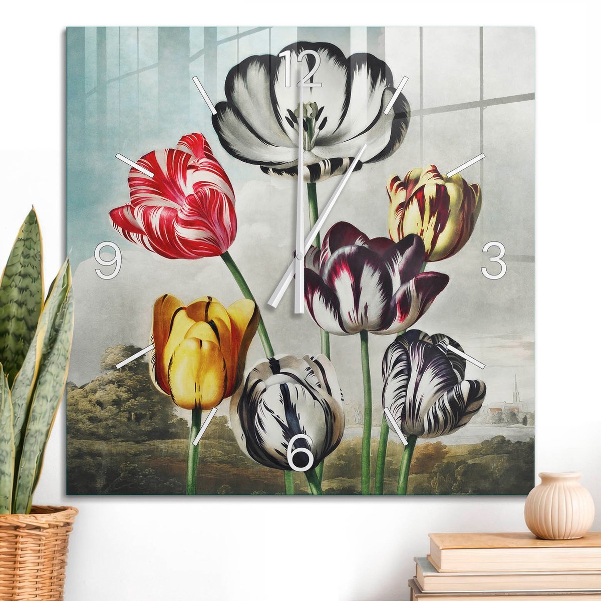 ArtPrintCave Geel Glazen Klok - 60x60 cm - Wandklok Vierkant - Kleurrijke Tulpen Unieke Klok - Landschappen Stille Wandklok - Witte Klokwijzers