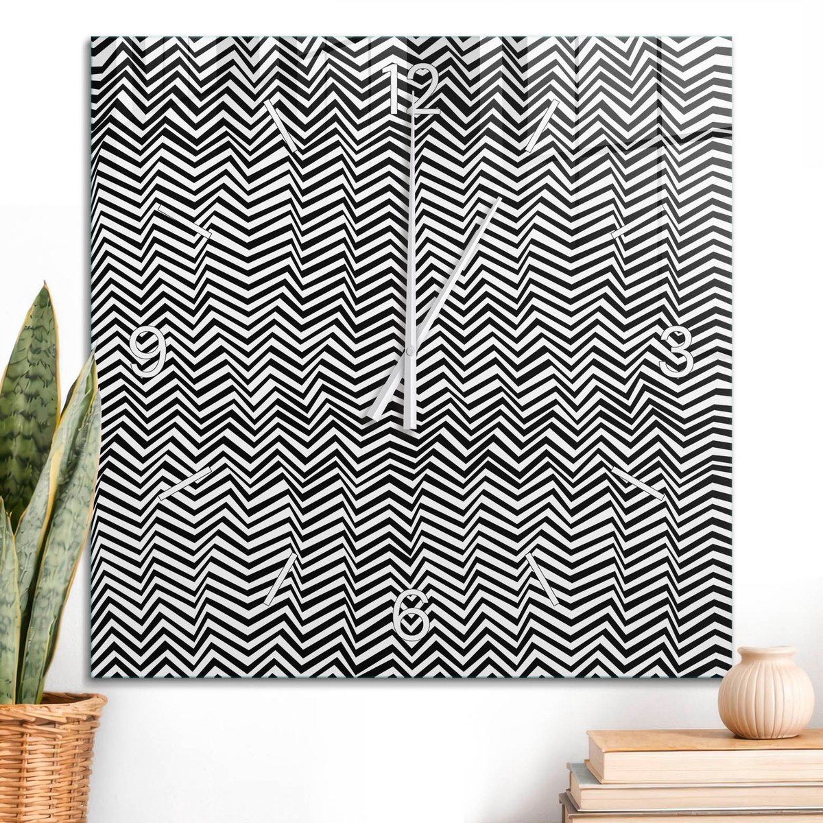 ArtPrintCave Zwart-wit Glazen Klok - 60x60 cm - Wandklok Vierkant - Zigzagritme Unieke Klok - Geometrie Stille Wandklok - Witte Klokwijzers