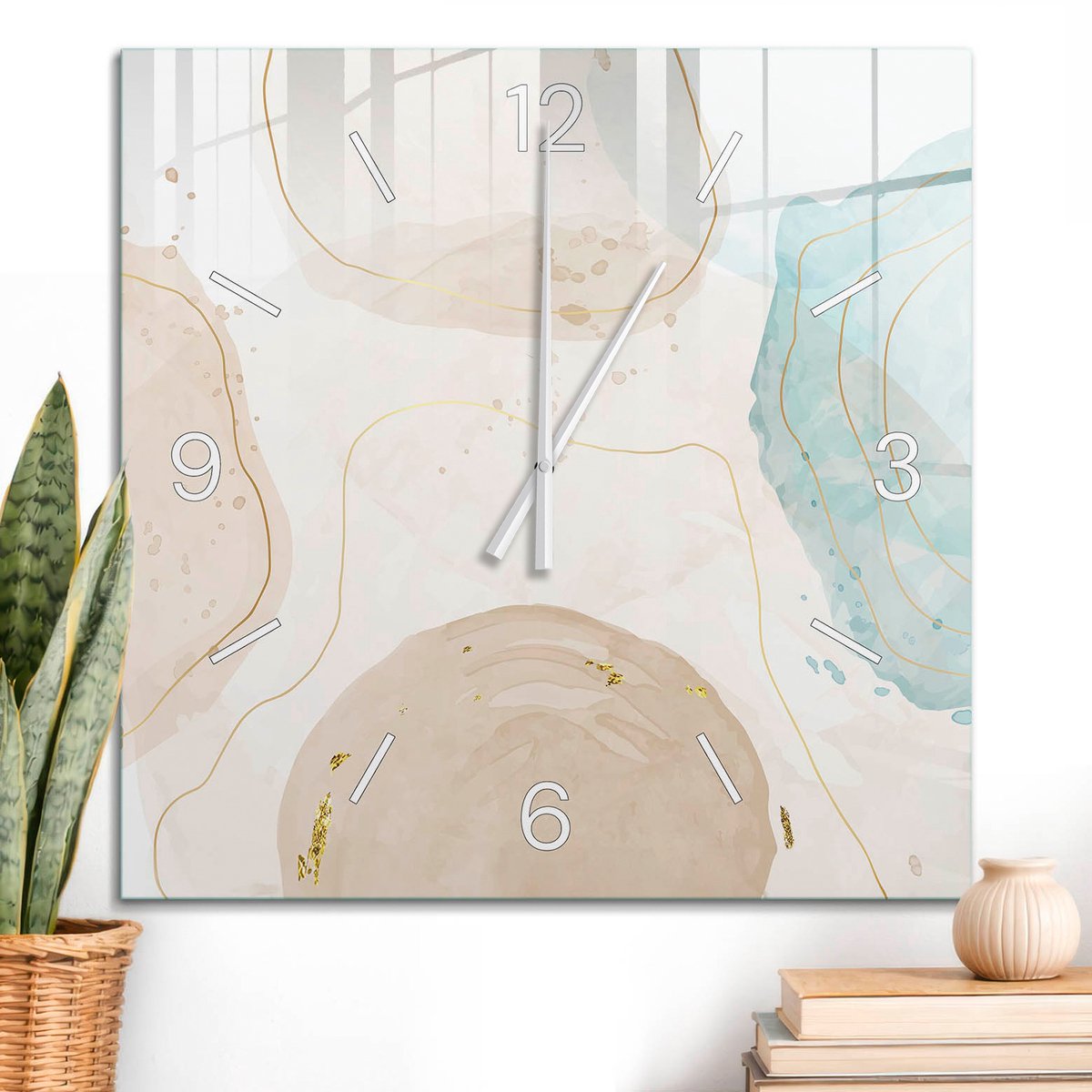 ArtPrintCave Beige Glazen Klok - 60x60 cm - Wandklok Vierkant - Kleurrijke Vlekken Wandklok Keuken - Kunst Unieke Klok - Witte Klokwijzers