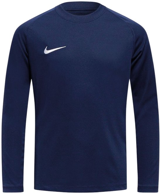 Donkerblauw Nike sportshirt met lange mouwen en wit Nike logo op de borst.