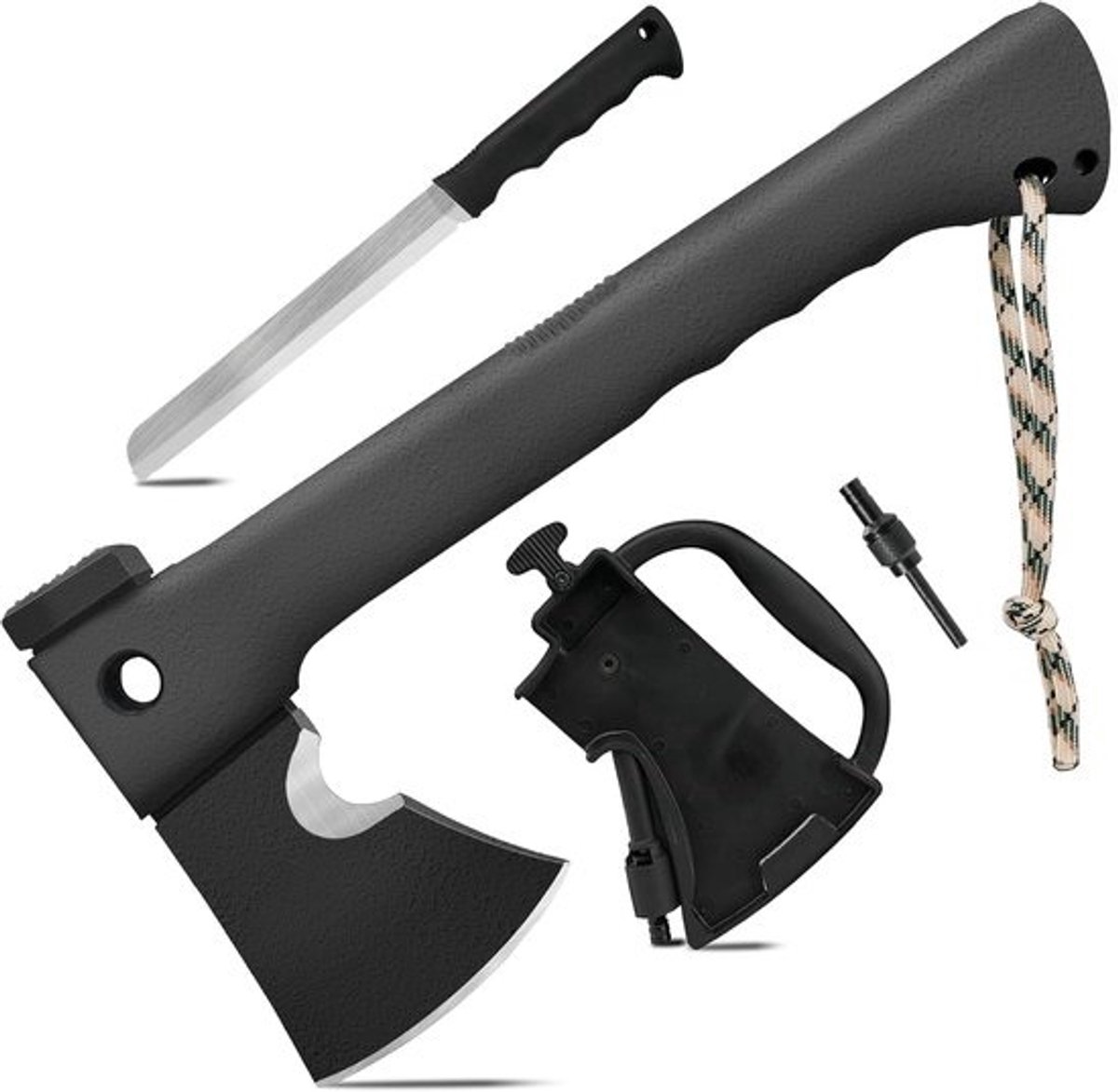 Survivalbijl 6-in-1 voor outdoor en kamperen - multifunctionele kloofbijl met hamer, touwsnijder en meer