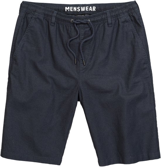 Donkerblauwe bermuda voor heren met een relaxte pasvorm, elastische tailleband en trekkoord.