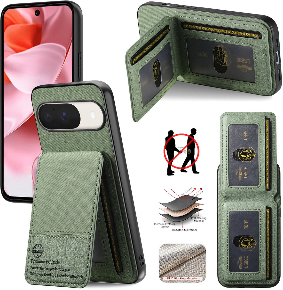 Luxe Backcover met Anti-RFID Kaarthouder en Standaardfunctie voor Google Pixel 10 / 10 Pro _ Groen