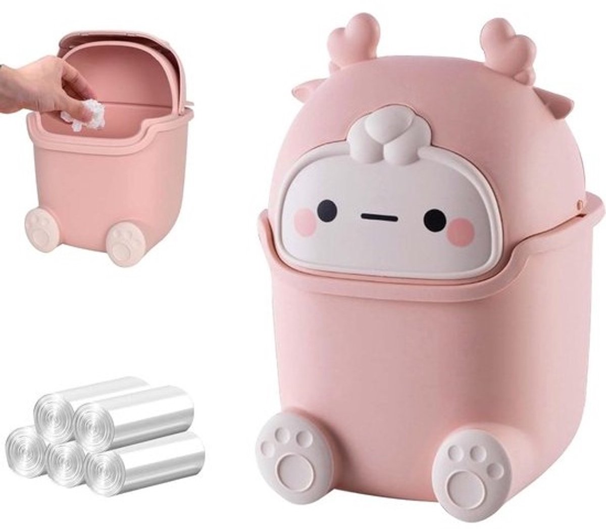 Prullenbak Mini Tafelafvalemmer met Deksel 100 Vuilniszakken Schattige Mini-Desktop-Vuilnisemmer - Roze