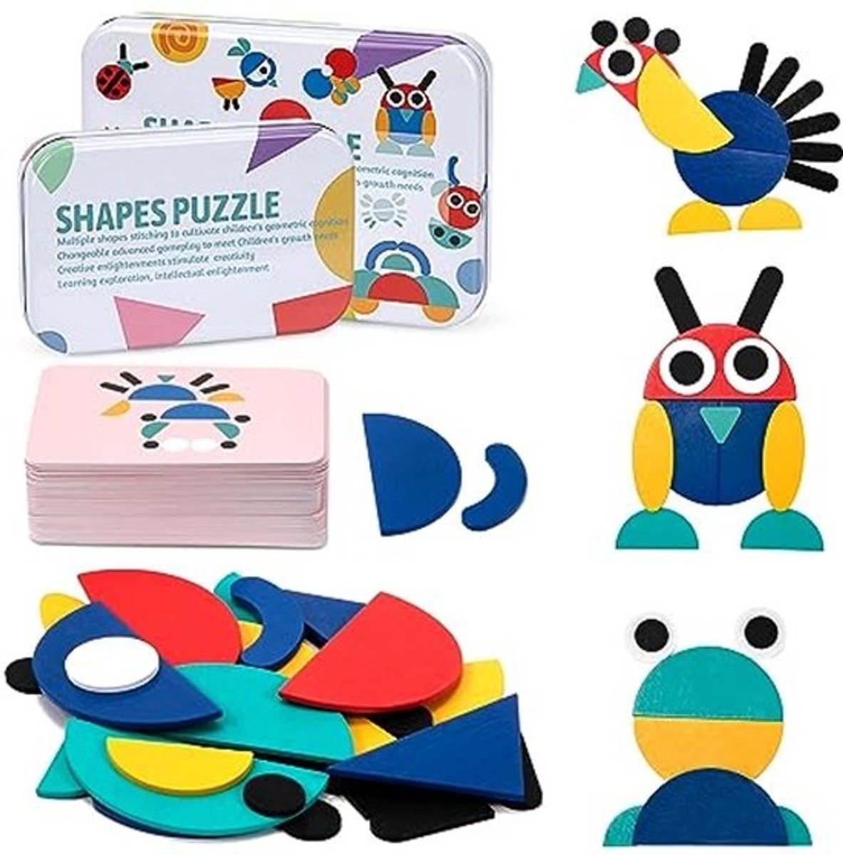 Geometrische houten puzzelblokken set voor kinderen met 36 kleurrijke blokken en 60 patroonkaarten