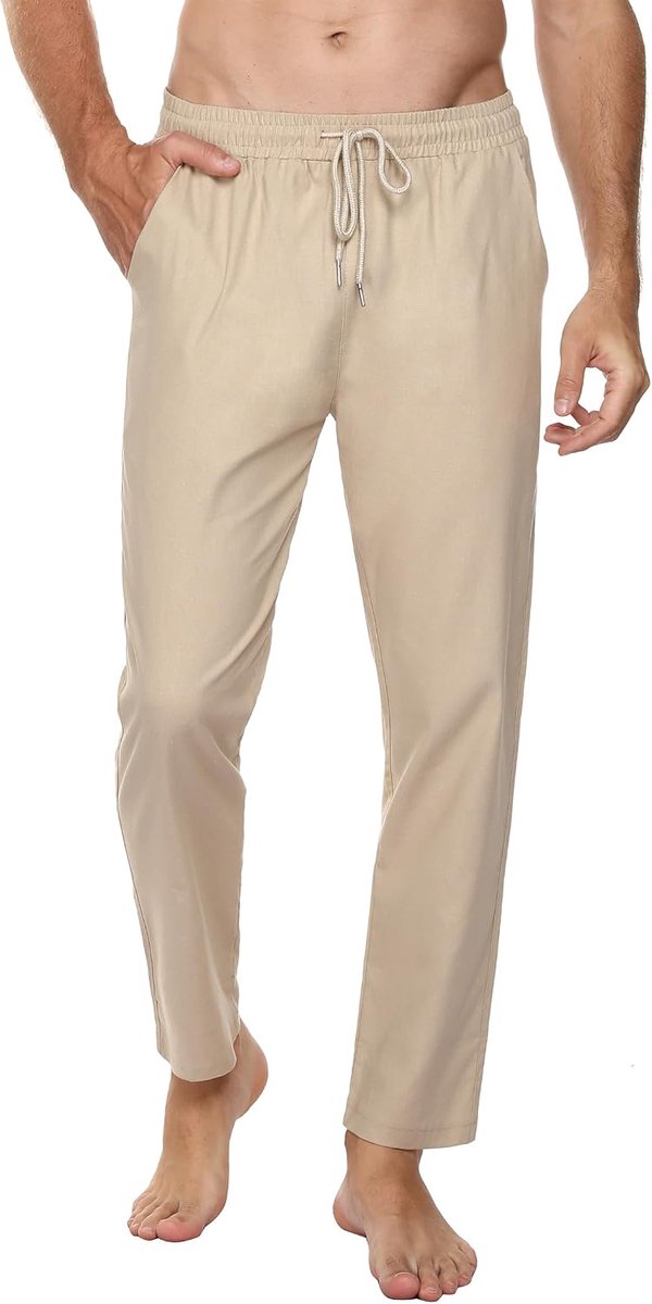 Linnen broek voor heren, lang, met trekkoord, voor de zomer, Kaki, XXL