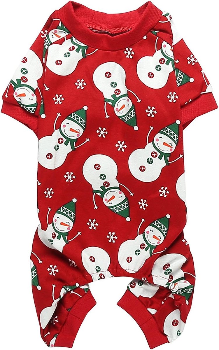 Leuke Sneeuwpop Kerst Hond Pyjama Zachte Katoen Xmas Kerst Pyjama Voor Honden Vakantie Huisdier Kleding Onesie PJS, Rood Medium Ruglengte 16 inch