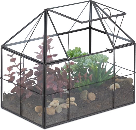 Planten terrarium van glas en koper, 21x23x14 cm, mini kweekkas voor binnen, zwart
