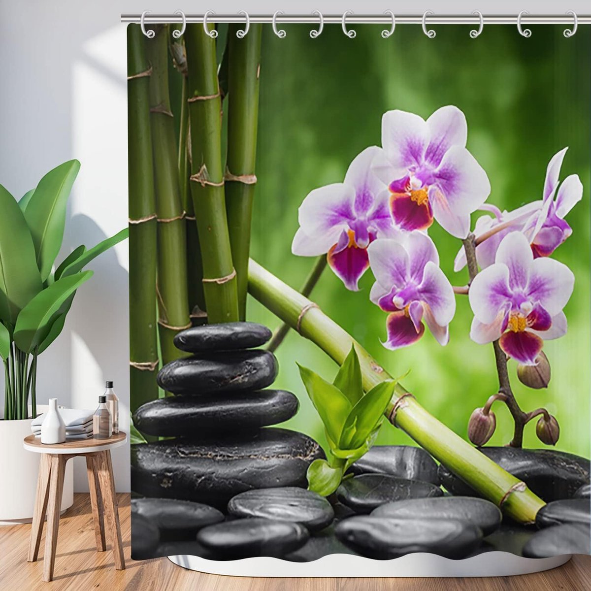 Garden douchegordijn 180 x 180, spa groen bamboe zwarte steen paarse bloem badkamer gordijnen Japanse meditatie ontspannende waterdichte polyester stof wasbare badgordijnen met haken
