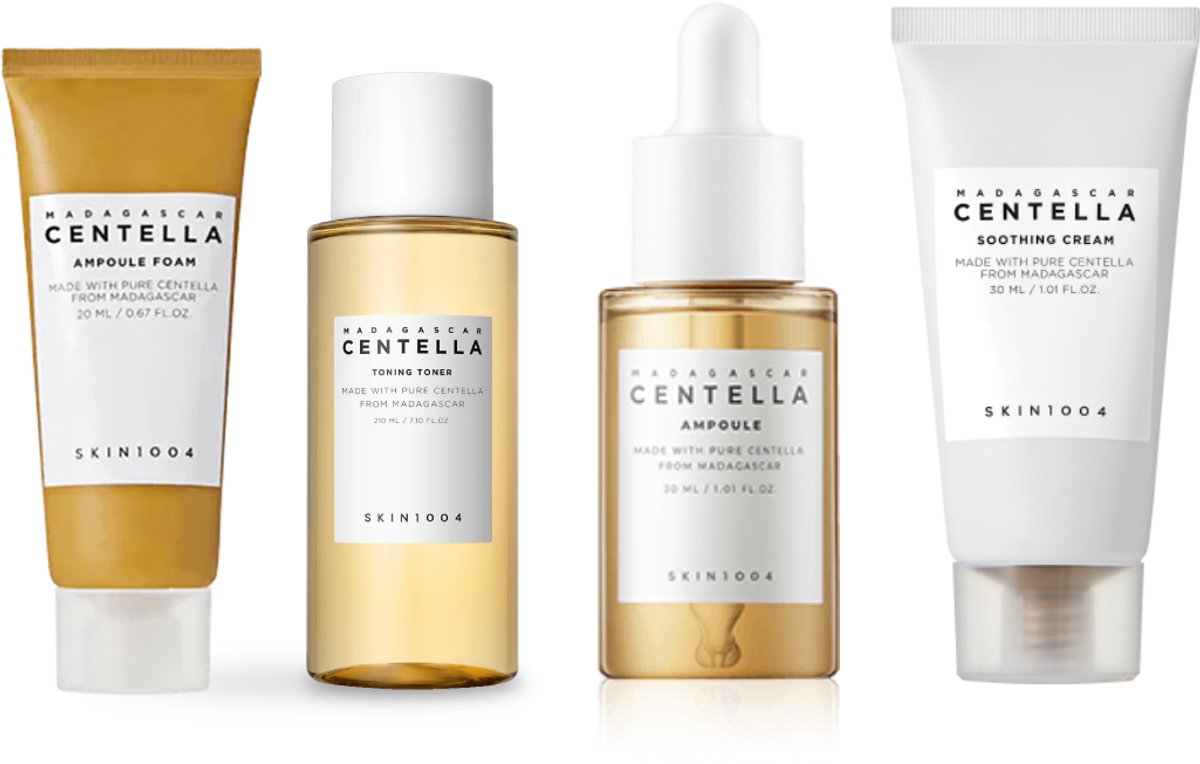 Skin1004 - 4 pieces combi - Centella Ampoule Foam 20ml, Centella Toning Toner 30ml, Centella Ampoule Serum 30ml and Centella Soothing Cream 30ml.